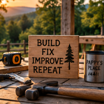 Hand tools, lumber, and a workbench representing practical DIY projects and repairs at Pappy's Place.