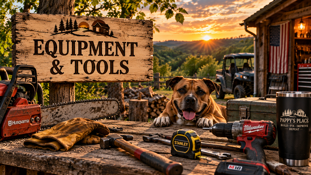 Homestead tools, chainsaw, and Reiner representing equipment used at Pappy’s Place in the Missouri Ozarks.