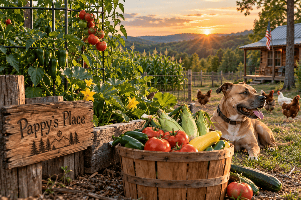 Garden vegetables and chickens at Pappy's Place, representing growing and raising food on an off-grid homestead.