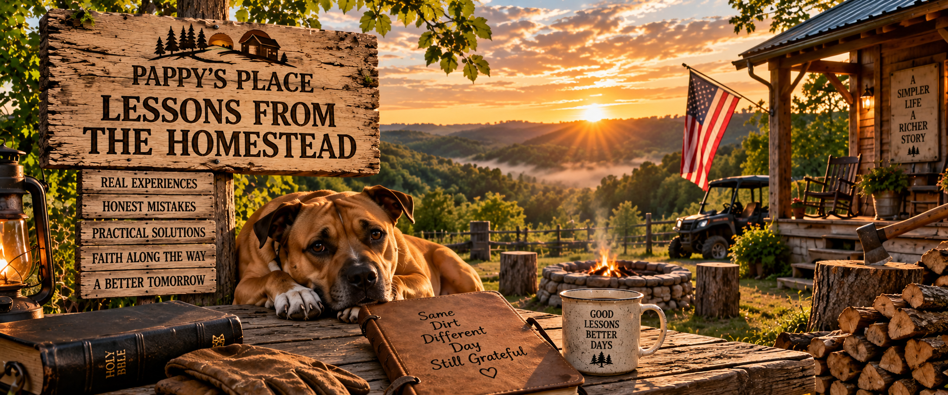 Homestead lessons learned at Pappy’s Place with Reiner, tools, a journal, and everyday equipment in the Missouri Ozarks.