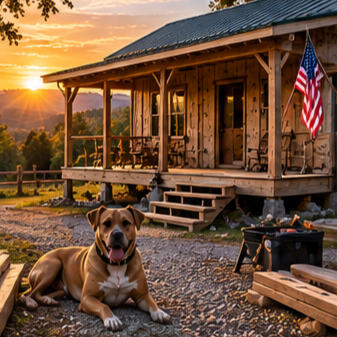 Pappy's cabin under construction at the Missouri Ozarks homestead, with Reiner resting near the front porch