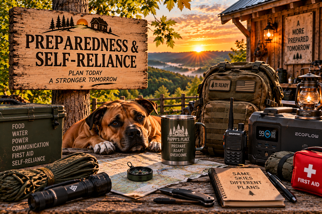 Reiner with emergency supplies, communications gear, and backup power representing preparedness and self-reliance at Pappy’s Place.