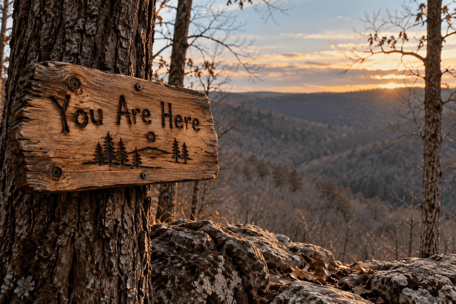 Rustic “You Are Here” sign overlooking the Missouri Ozarks, marking Pappy's arrival at his off-grid homestead.