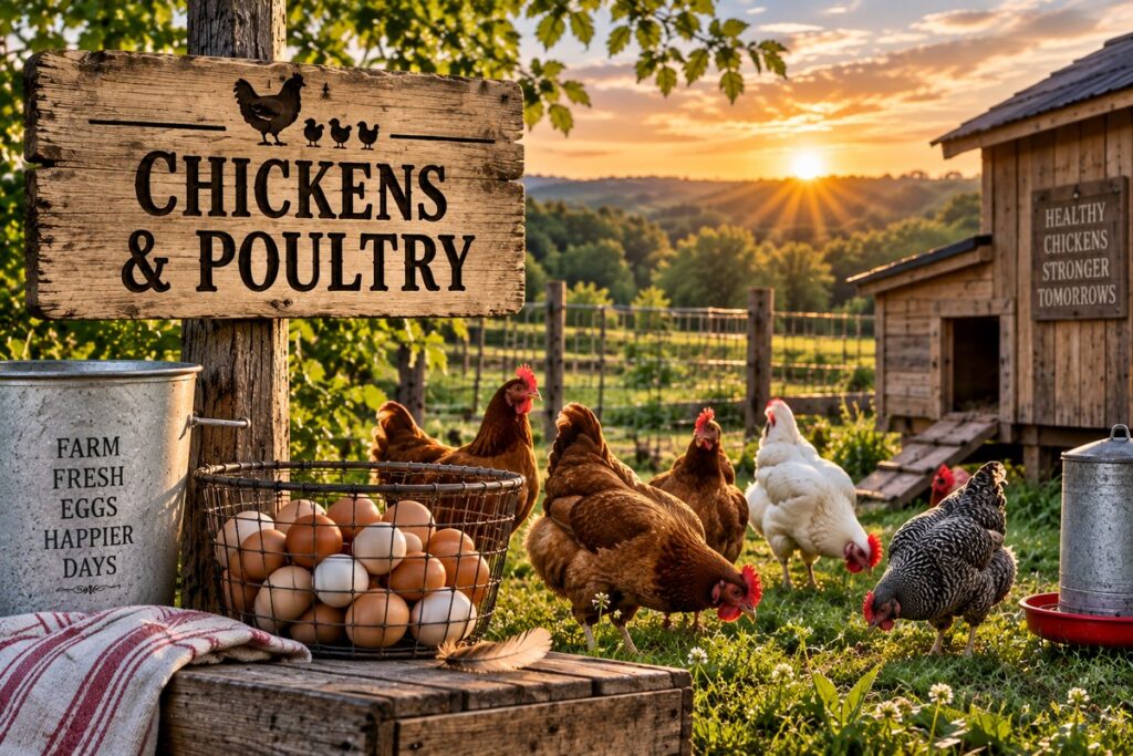 Chickens, fresh eggs, and a chicken coop representing poultry raising at Pappy’s Place.