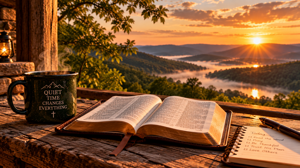 Open Bible, journal, and coffee on a rustic porch at sunrise, representing quiet time and daily devotionals at Pappy’s Place