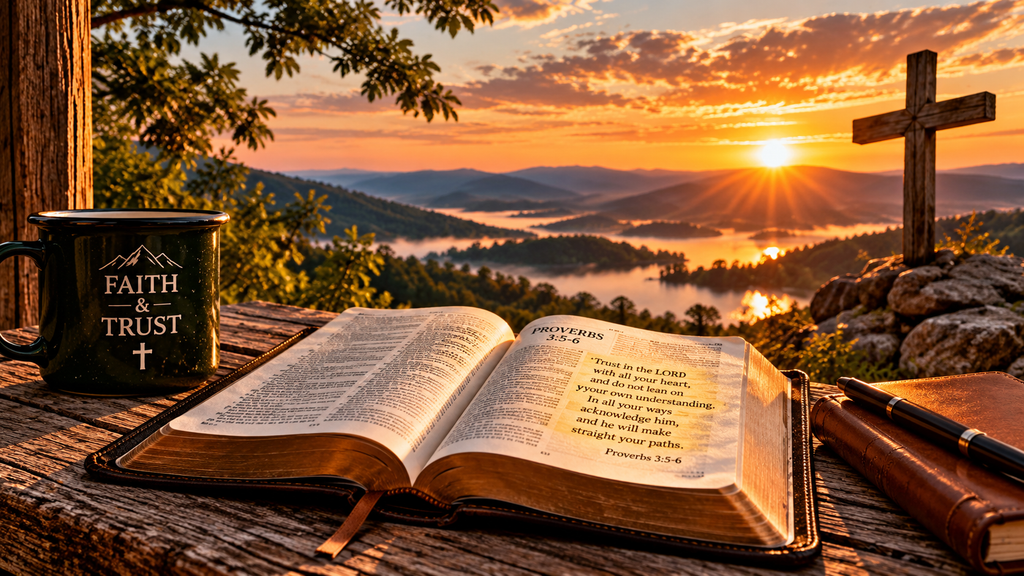pen Bible with Proverbs 3:5–6 beside a wooden cross at sunrise, representing faith and trust in God at Pappy’s Place