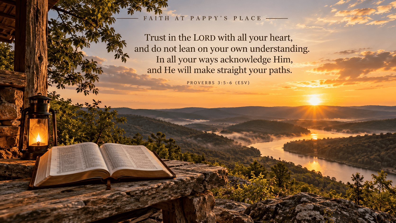 Open Bible and lantern overlooking the Ozark hills at sunrise for Faith at Pappy’s Place