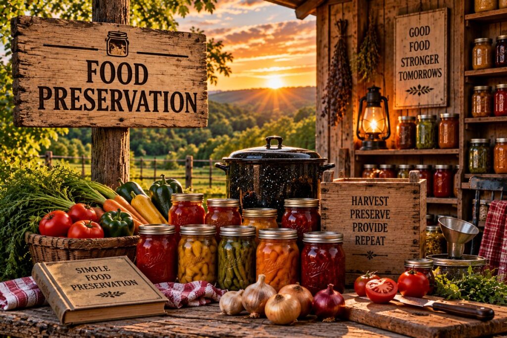 Home-canned vegetables and fresh produce representing food preservation at Pappy’s Place.