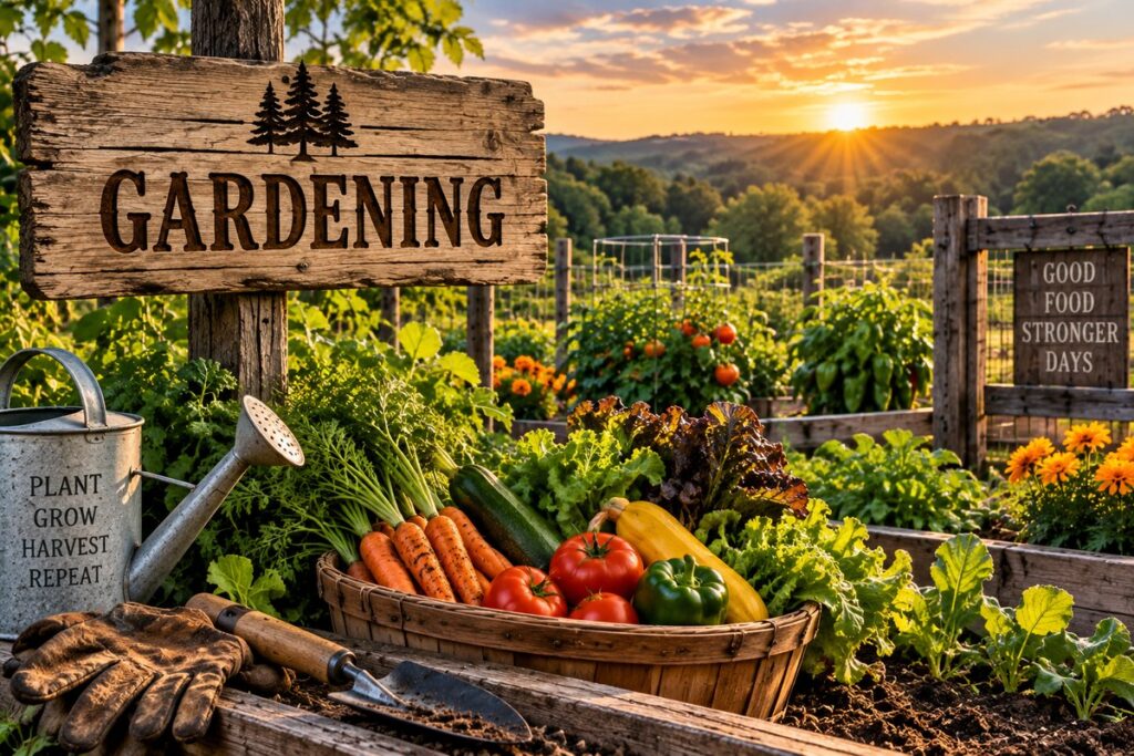 Vegetable garden with raised beds, fresh produce, and gardening tools at Pappy’s Place in the Missouri Ozarks.