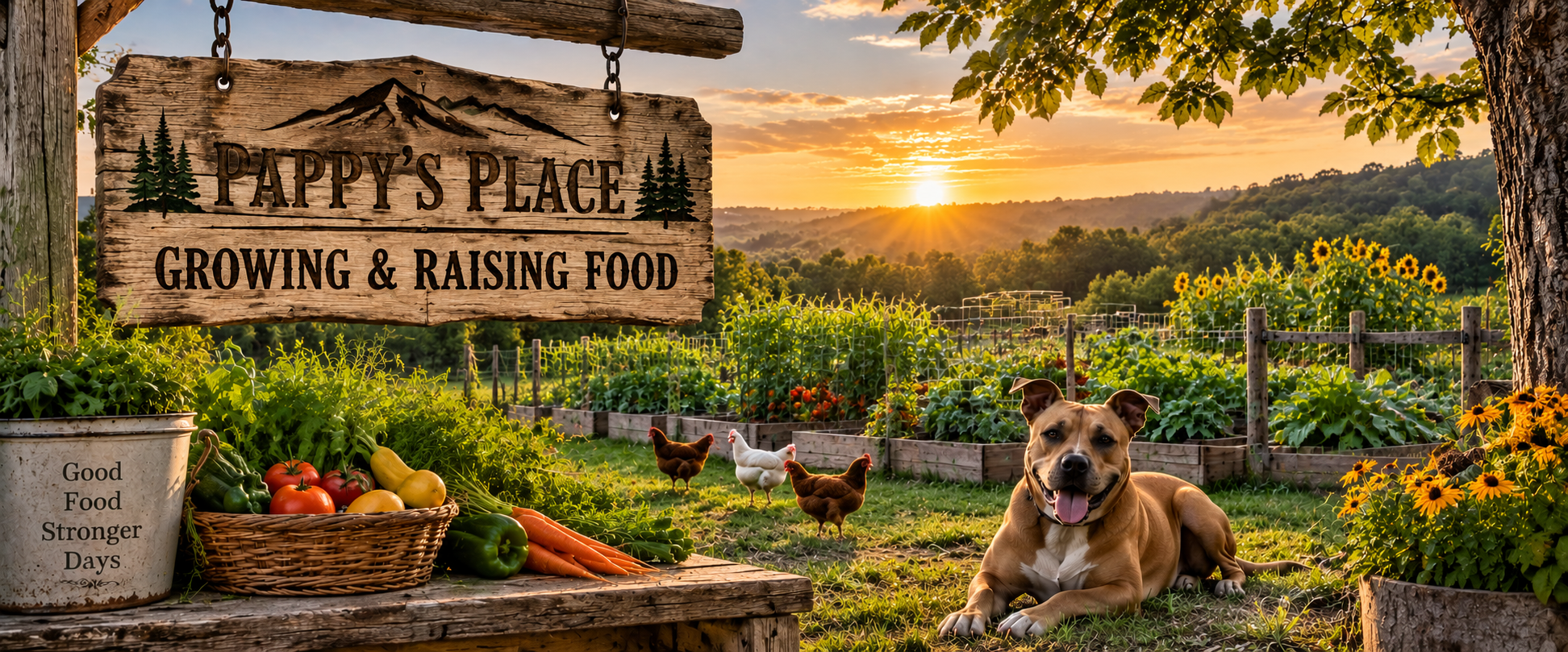 Growing and raising food at Pappy’s Place with garden vegetables, chickens, and Reiner on the Missouri Ozarks homestead.