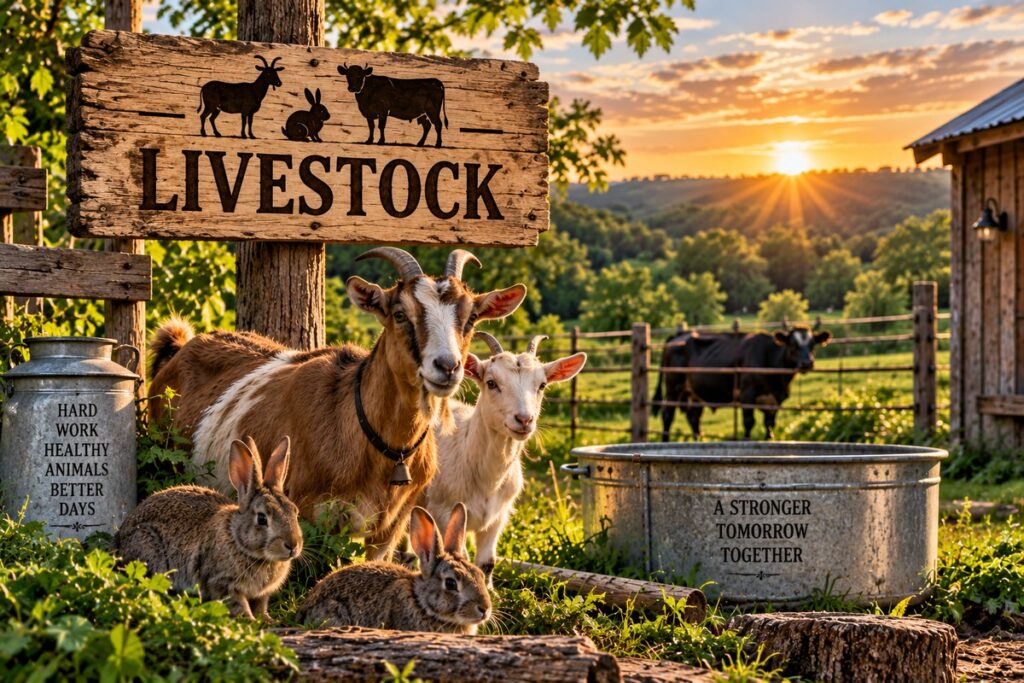 Goats and rabbits representing livestock raising at Pappy’s Place in the Missouri Ozarks.