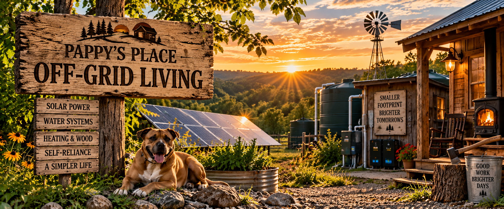 Solar panels, water storage, wood heat, and Reiner representing off-grid living at Pappy’s Place in the Missouri Ozarks