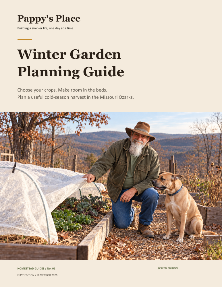 Winter Garden Planning Guide cover featuring Pappy and Reiner beside protected garden greens