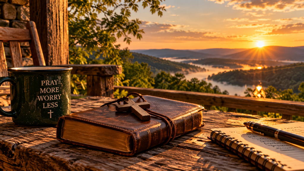 Bible and wooden cross on a rustic table at sunrise, representing prayer and trusting God at Pappy’s Place