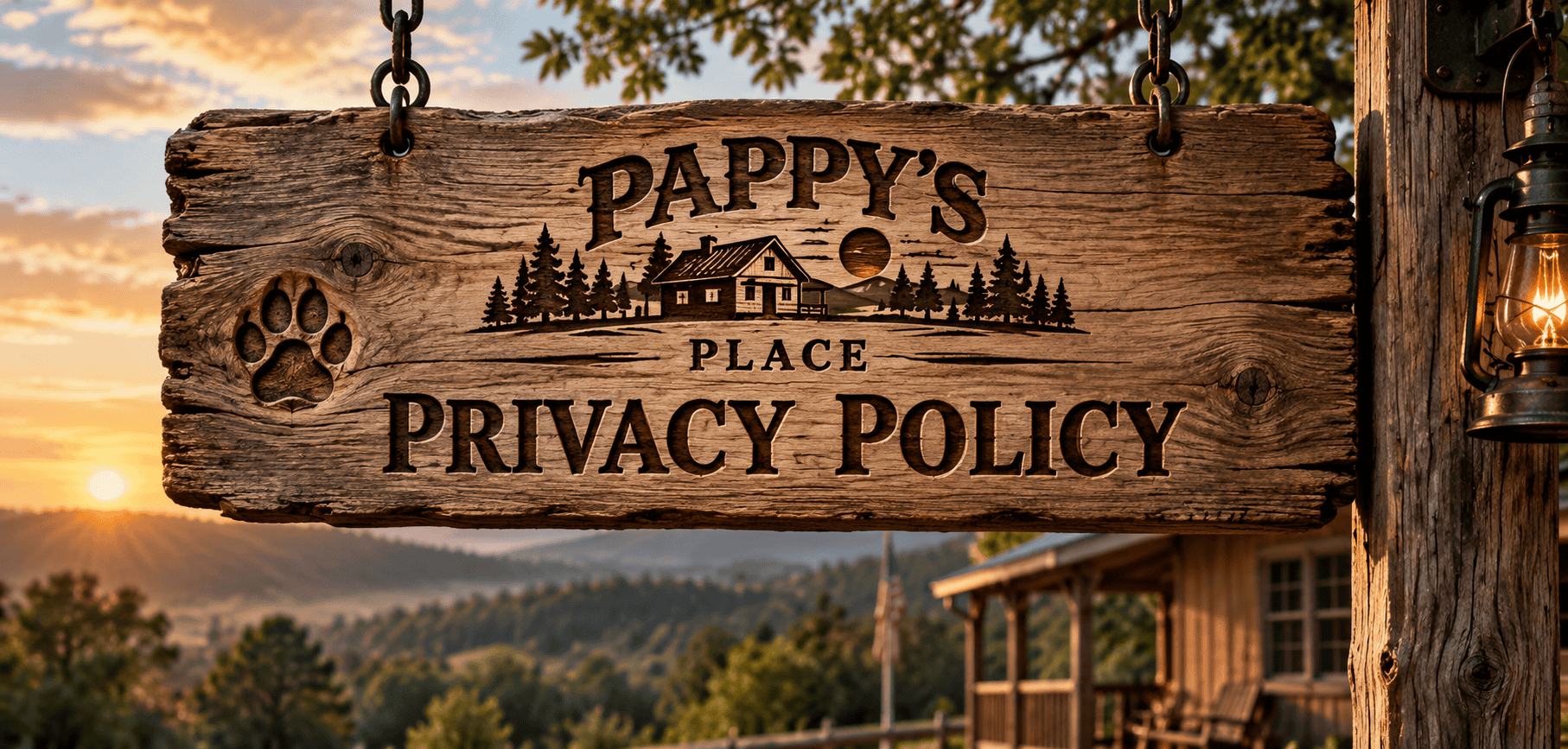 a wooden sign reads Pappy's Place Privacy Policy