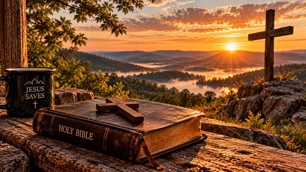 Holy Bible and wooden cross overlooking the Ozark hills at sunrise, representing salvation through Jesus Christ at Pappy’s Place