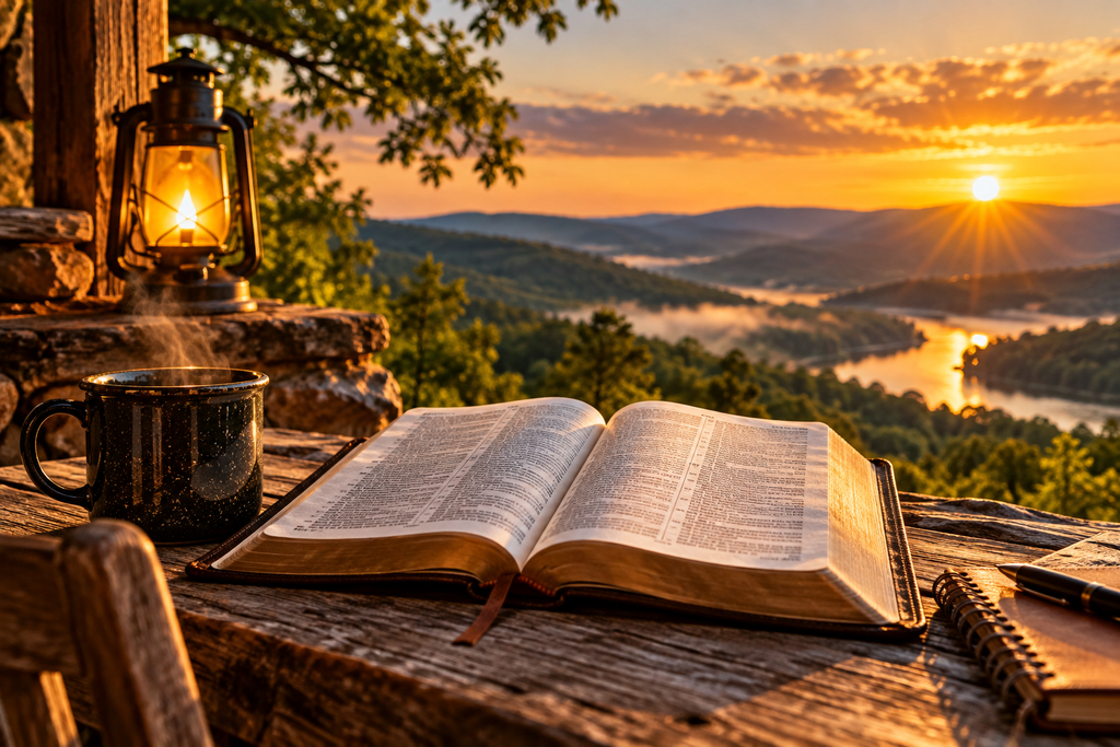 Open Bible on a rustic table overlooking the Ozark hills at sunrise, representing Scripture for Life at Pappy’s Place