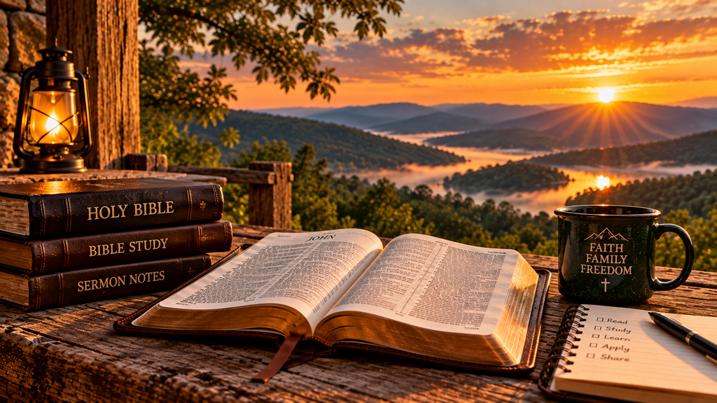 Open Bible with sermon notes and Bible study books on a rustic porch at sunrise, representing Sermons and Bible Studies at Pappy’s Place