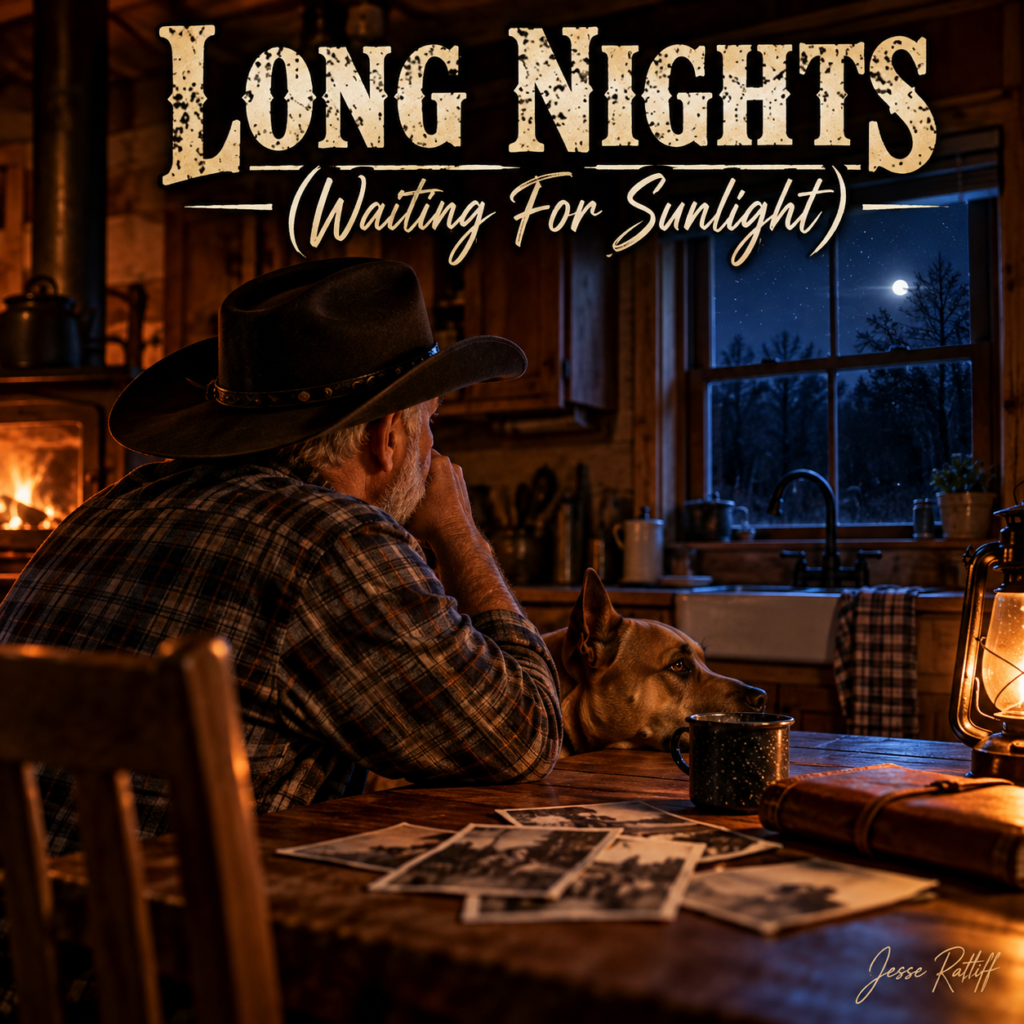 Long Nights (Waiting for Sunlight) cover art: Pappy reminiscing over photographs at his cabin kitchen table during a dark night