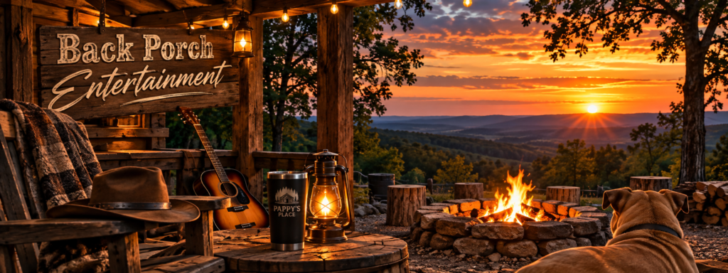 Back Porch Entertainment at Pappy’s Place overlooking the Missouri Ozarks at sunset