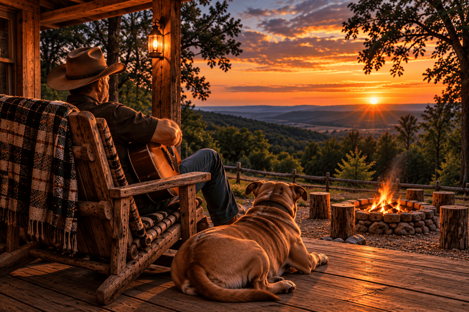Pappy playing guitar with Reiner on the back porch at sunset