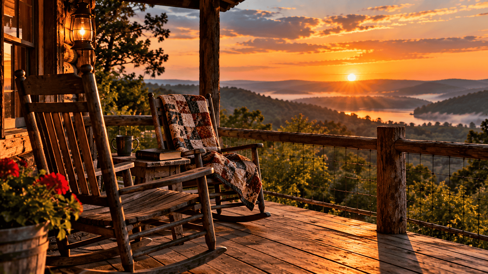 Empty rocking chairs on a quiet Ozark porch at sunset, representing grief, remembrance, and God’s comfort for the brokenhearted