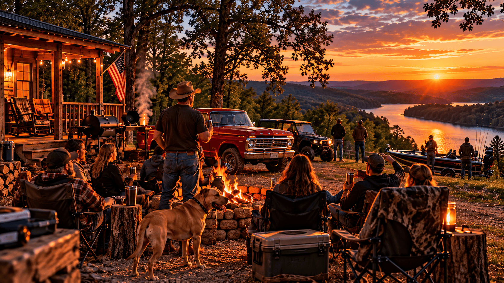 Pappy and Reiner with friends around a bonfire beside a red pickup, overlooking a lake at sunset