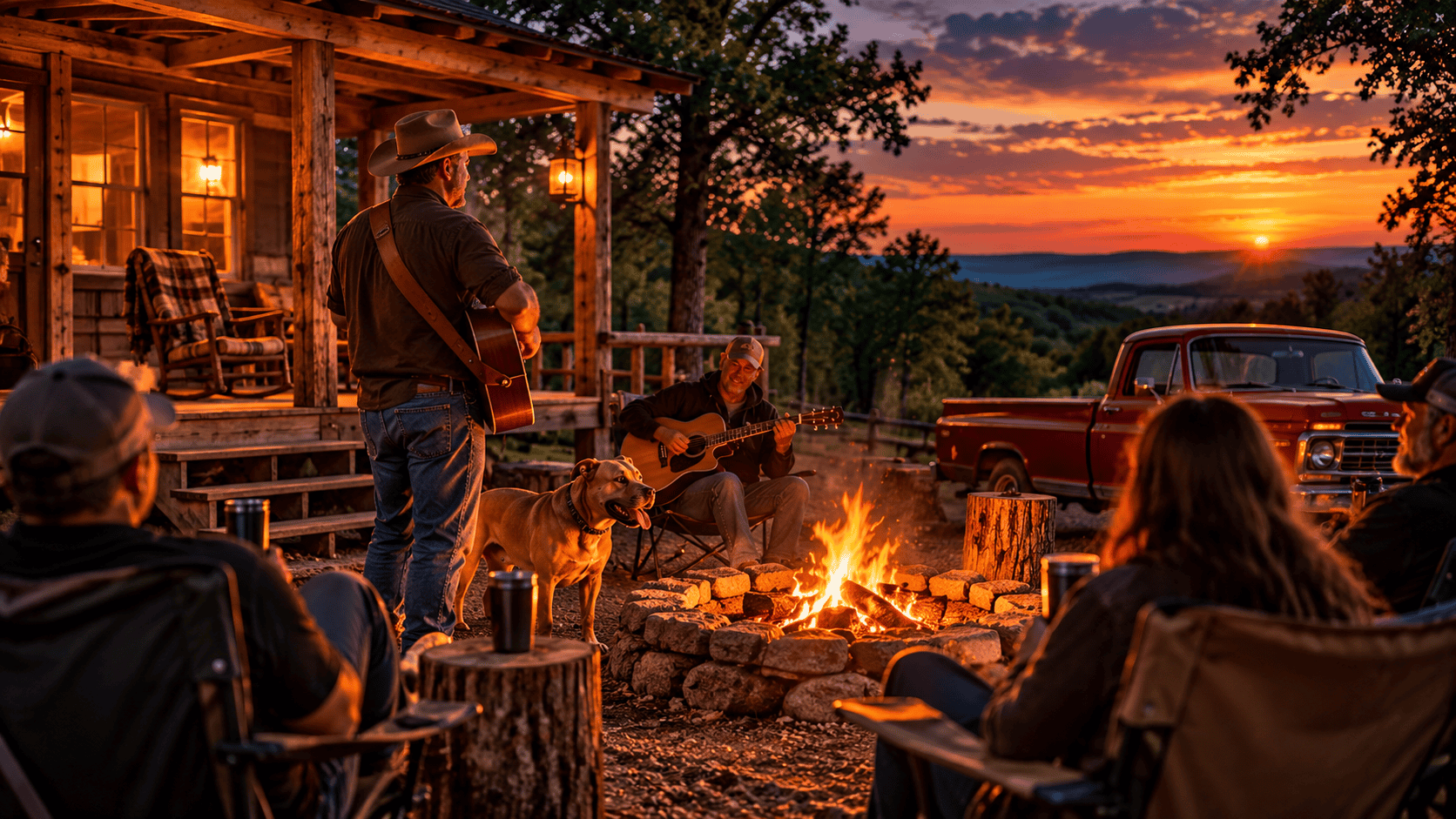 Friends enjoying music and a bonfire at Pappy’s Place in the Missouri Ozarks